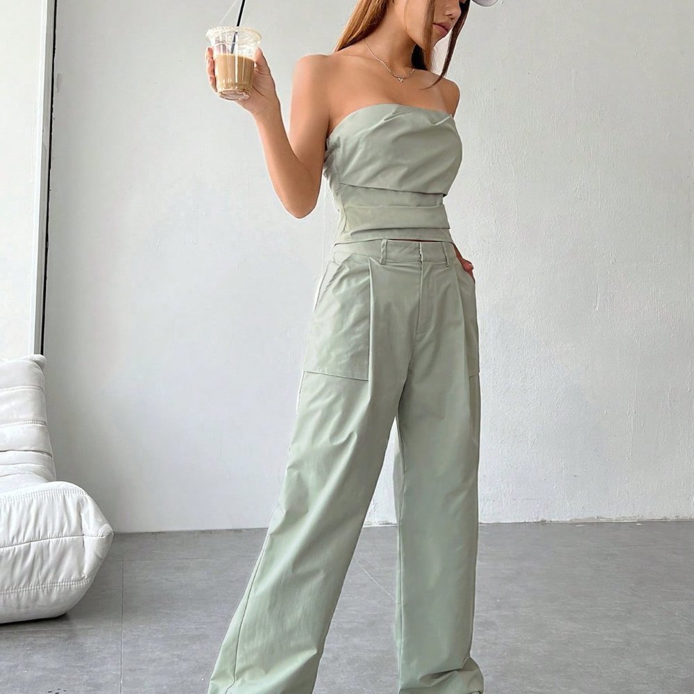 Grey Casual womens Solid Tube Top & Pants - Picture 5 of 5